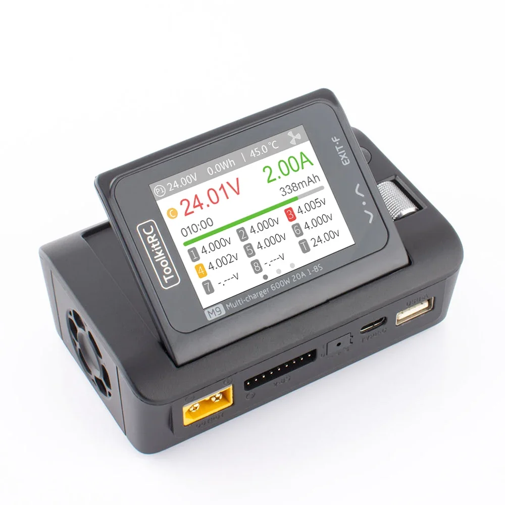 ToolkitRC M9 600W 20A USB Fast Charing DC Smart Charger Adjustable Screen Angle with Audio Function 1-8S Lipo LiFe