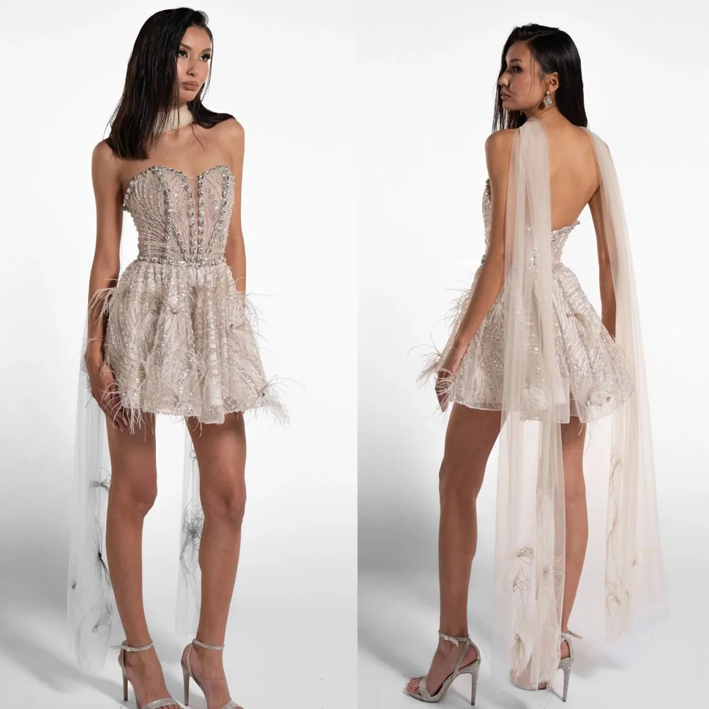 Luxury Champagne Sequin Sheer Corset Mini Dress with Feather Detail and Tulle Train Women Party Gown Customized B262910