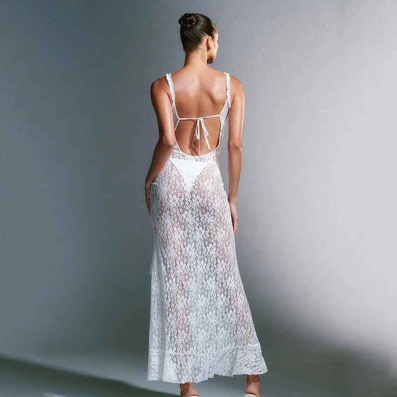 Sexy and Fashionable Lace Suspender Dress with Backless Design and Long Bodycon Skirt