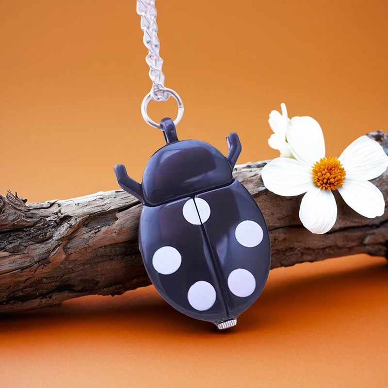 new children boys girls cartoon ladybug necklace pocket watches little kids students lovely cute flip electric clock 9 colors
