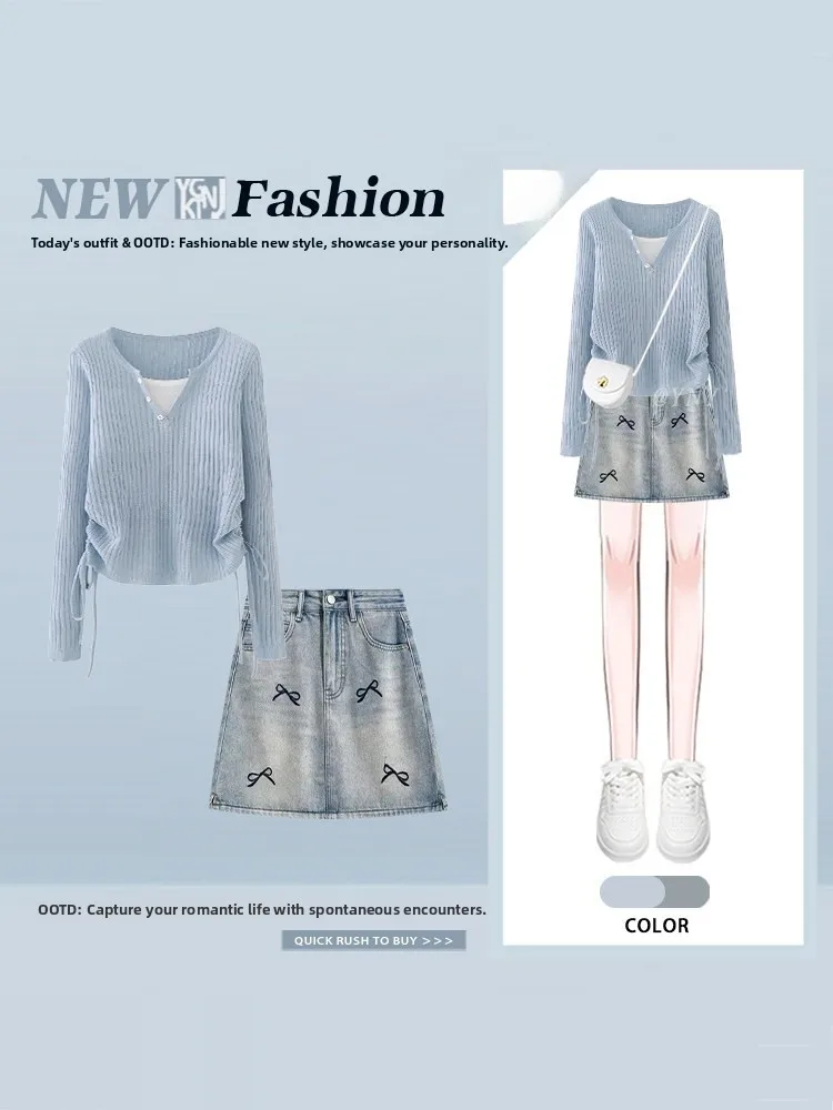 

Korean Sweet Soft Style Spring Summer Knitted Top And Denim Skirt Set with Knot Long Sleeve Splice Fashion Ensemble