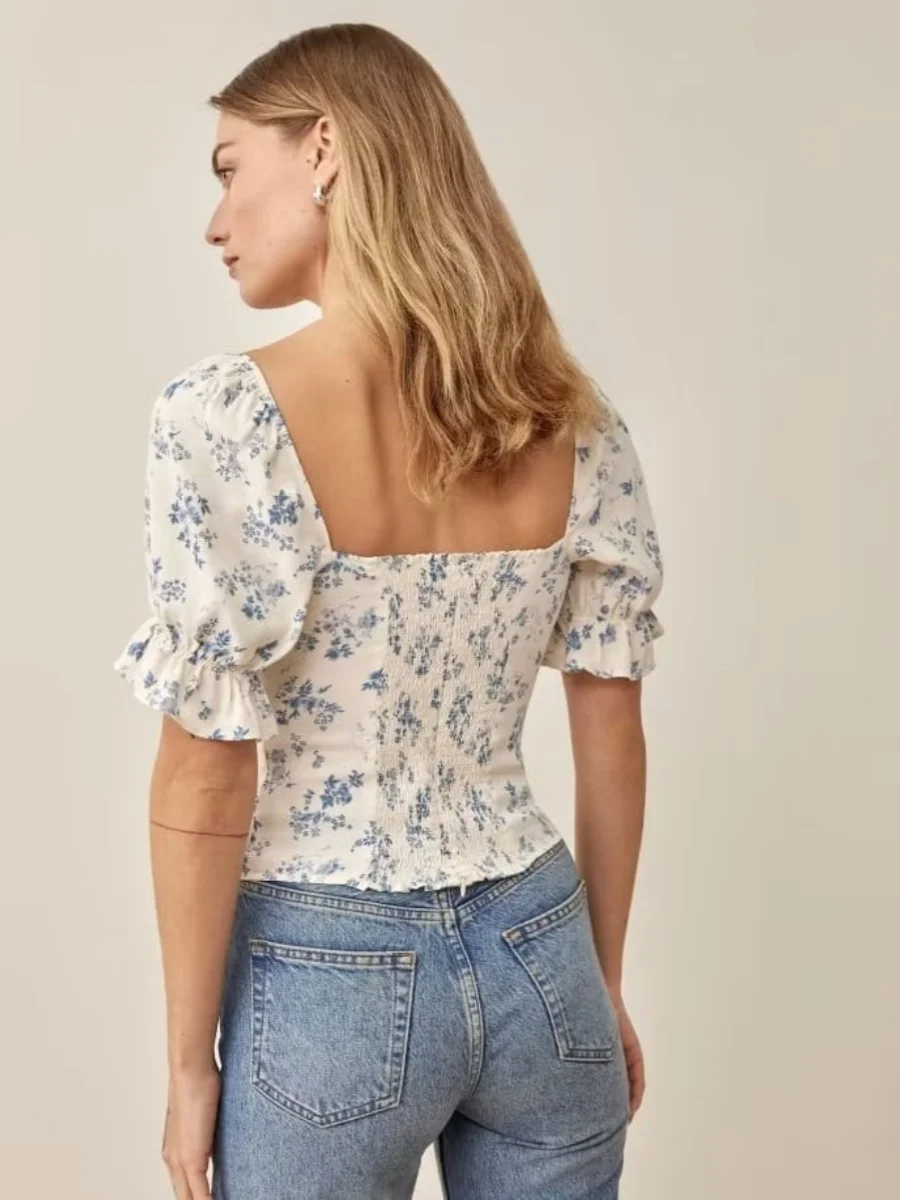 Retro kwadratowy dekolt, kwiatowy wzór, wiązany na szyi, seksowny, na jedno ramię, dopasowany, bufiaste rękawy, krótki rękaw, spódnica, damski styl uliczny, nadruk.