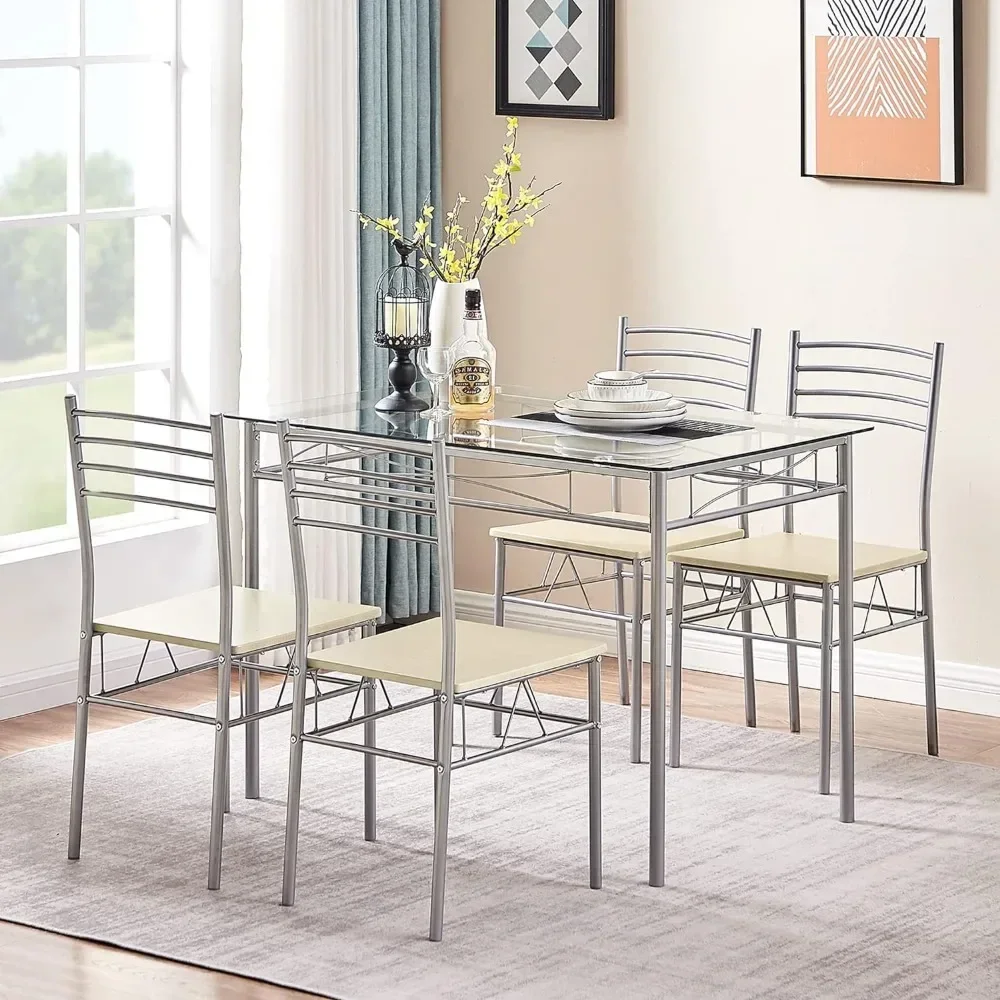 Dining Table with 4 Chairs [4 Placemats Included-] Silver X-Large Kitchen Room Sets