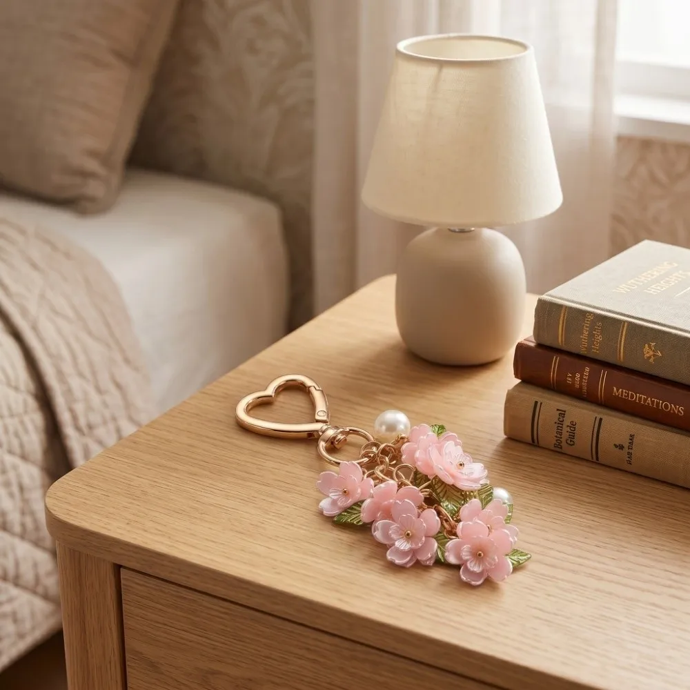 Elegant Flower Cluster Keychain Romantic Sweet Bag Hanging Charm Cherry Blossom Pearl Colorful Enamel Heart-Shaped Keychain