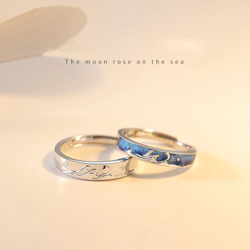 New silver glued sea rising sun and moon couple opening ring fashion trend long-distance love jewelry gift J577