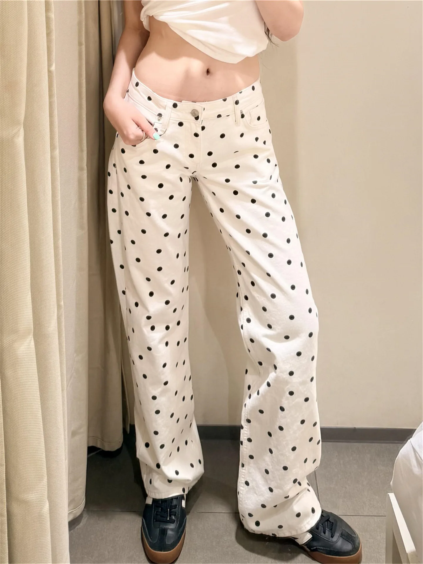 American Vibe Spicy Girl White Polka Dot Jeans Women Slimming Tall Extended Narrow Straight Leg Pants Casual Cotton Denim