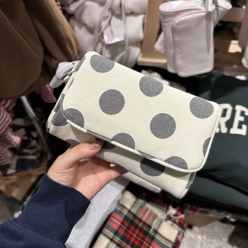 Korea Dot Canvas Diagonal Wash Bag Fashion Pink Flip Mirror Portable Zipper Cosmetics Travel Storage Bag Cute Sweet Girl Gift