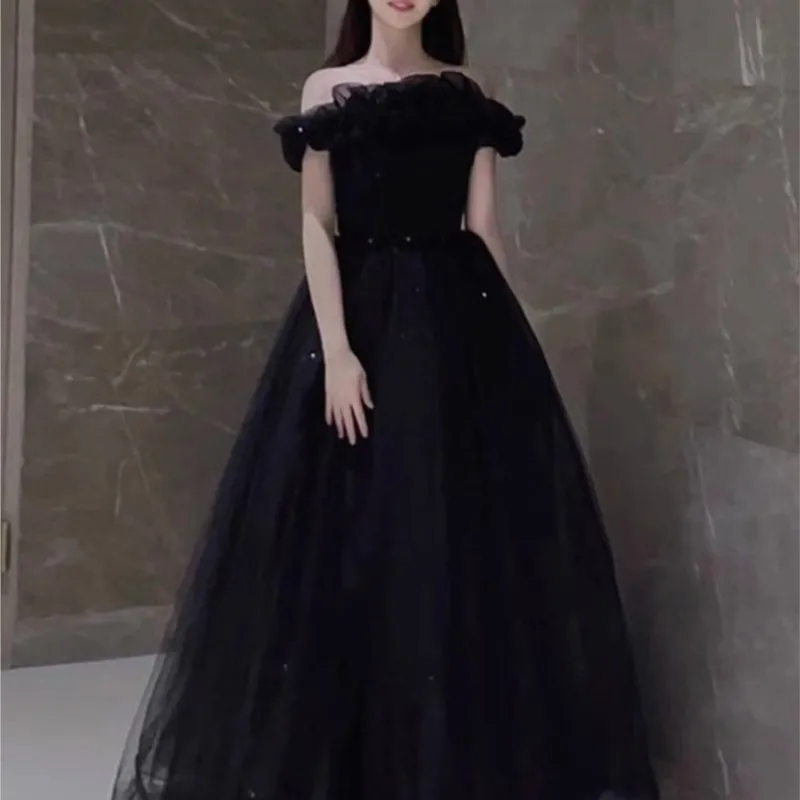 

Black Evening Dress Women's Banquet Temperament Special Interest Light Luxury Host Performance off-Shoulder