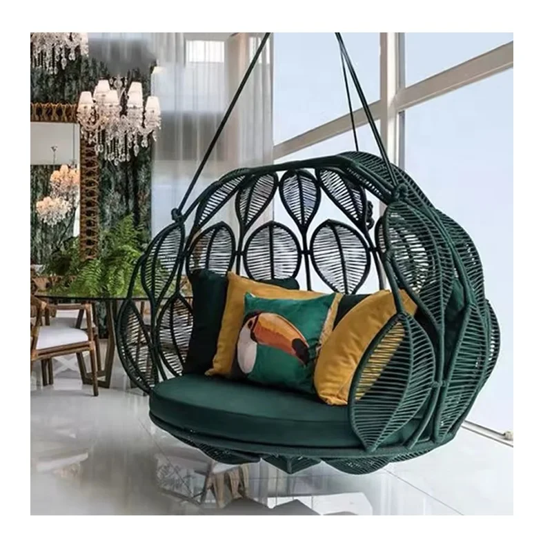 

Hot Sale All Weather Garden Swing Chair Hanging Chair Rattan Outdoor Patio Leaf Green Rope Furniture Swing Egg Chair Set