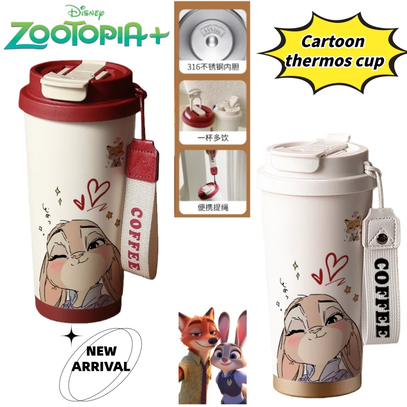 

Чашка-термос Disney Zootopia Nick and Judy, соломенная бутылка для воды из нержавеющей стали 316, чашка для воды для пар, мультяшная изолированная чашка, милая