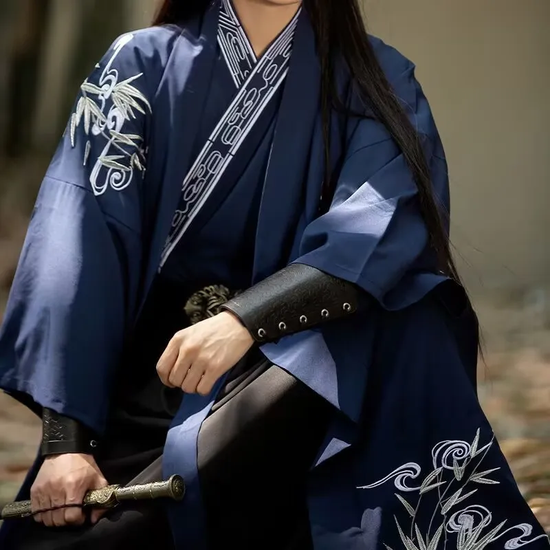 

Китайский мужской костюм Ханьфу в сине-черной гамме, антикварный костюм, комплект из двух предметов для Хэллоуина и ролевых игр.