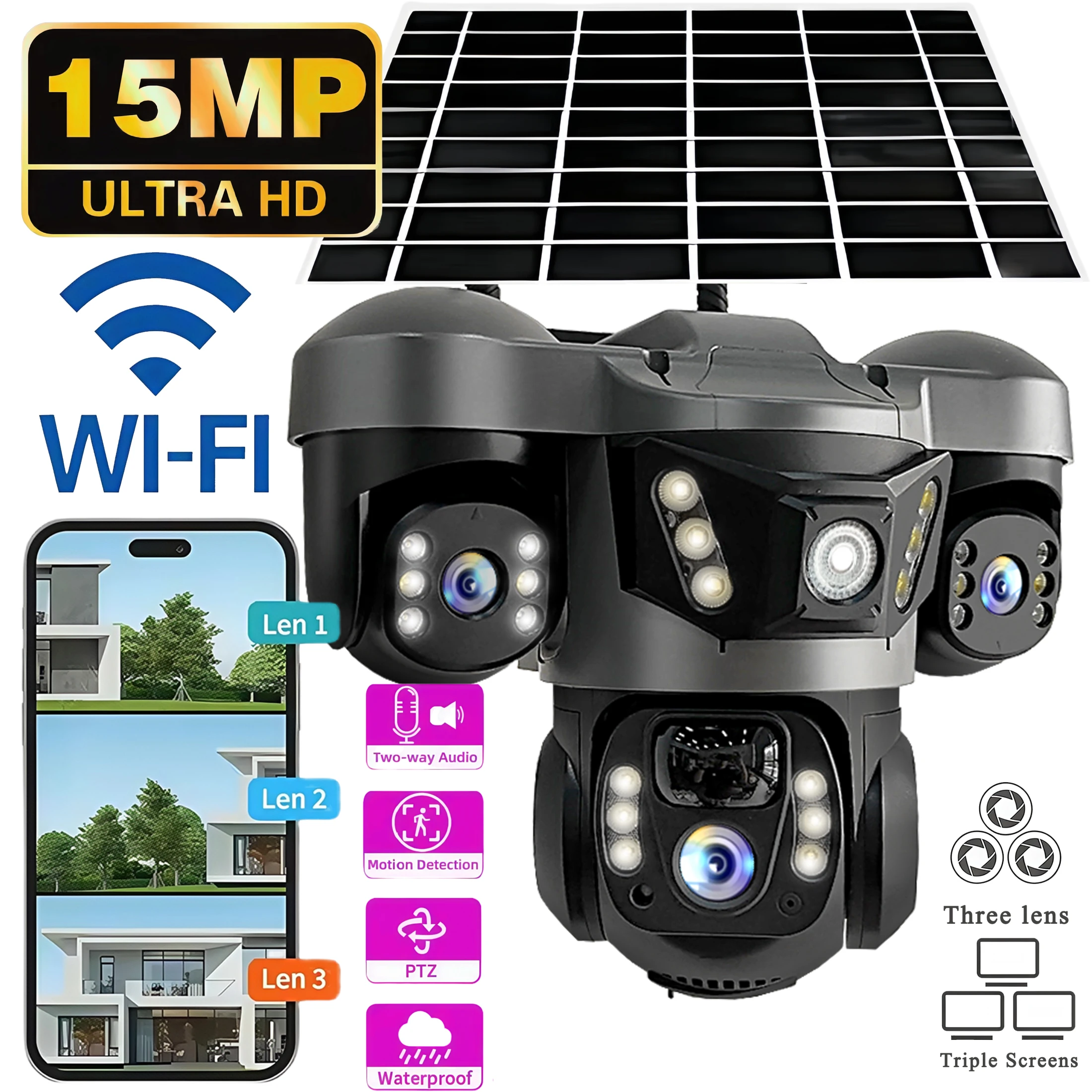 

15MP 3 Lens WiFi Camera Solar Power Outdoor Waterproof PIR Humanoid Detection Security Video Monitor V380 Battery Security CCTV