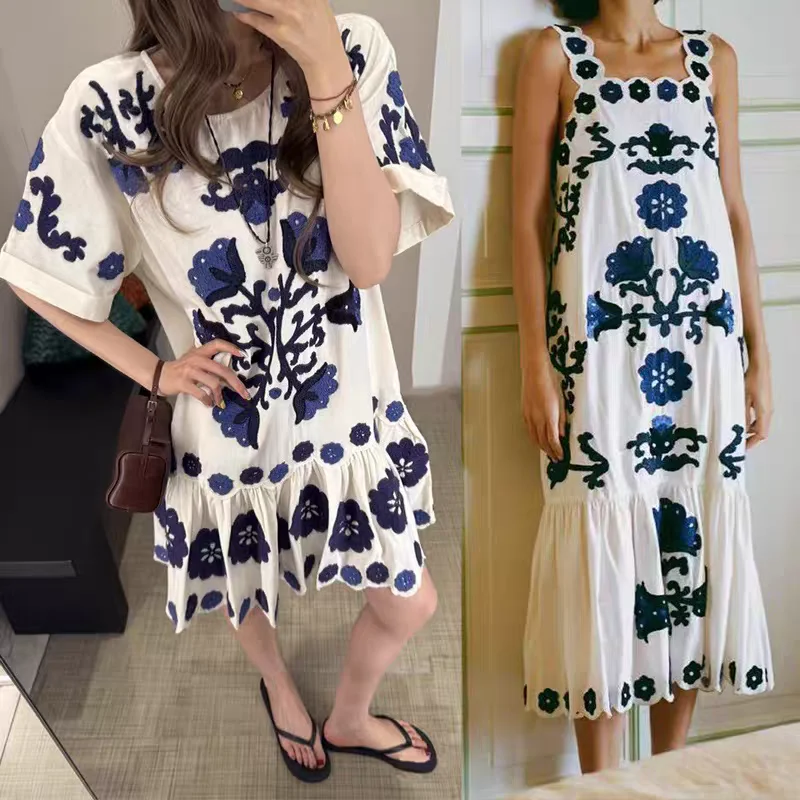 

Early Autumn New Sle Cotton Linen Blend Embroidered Beautiful 3D Large Flower round Ne ort Sve Dr for Women