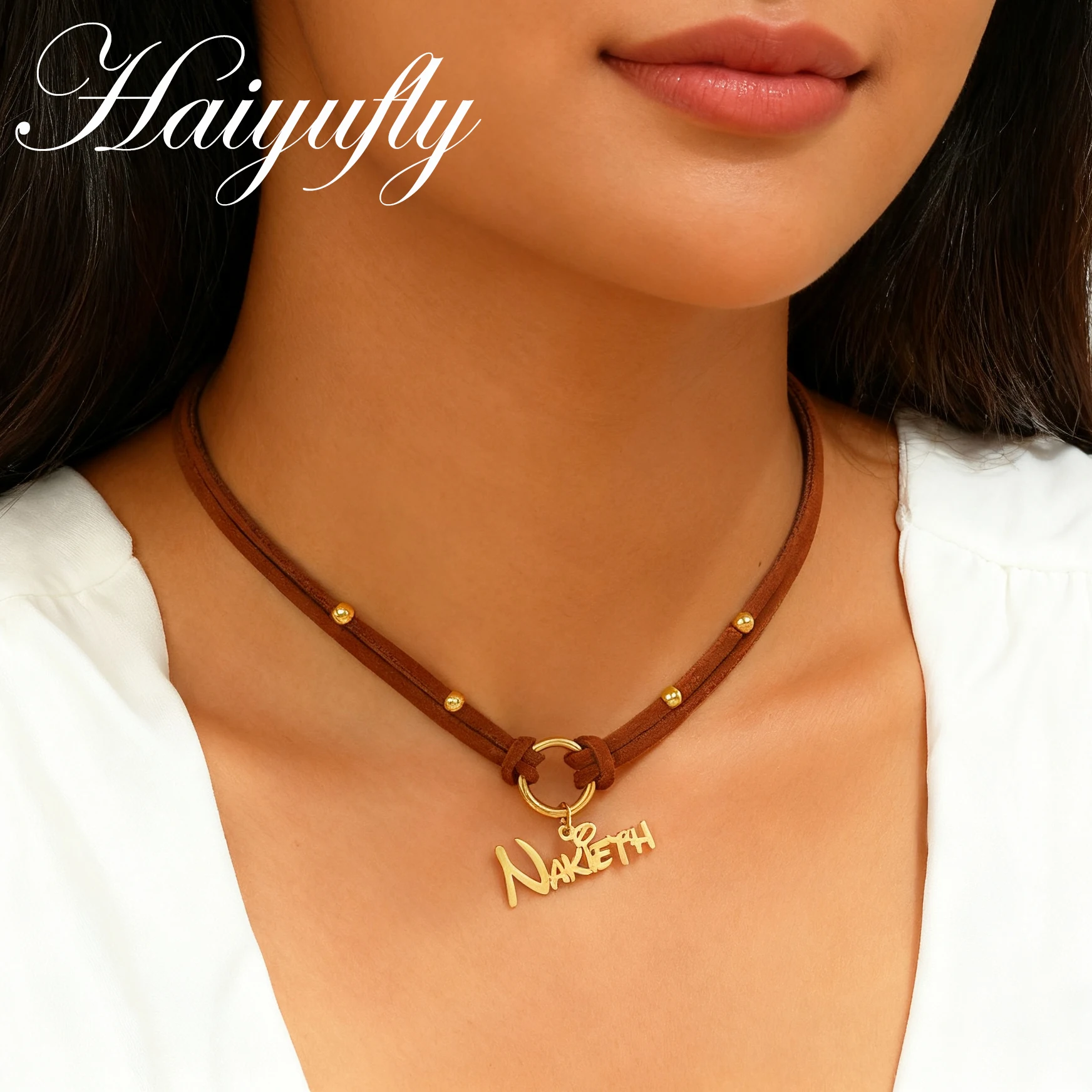 

Haiyufly ожерелье с индивидуальным именем для женщин ручной работы коричневая корейская бархатная цепочка ювелирные изделия из нержавеющей стали персонализированный рождественский подарок