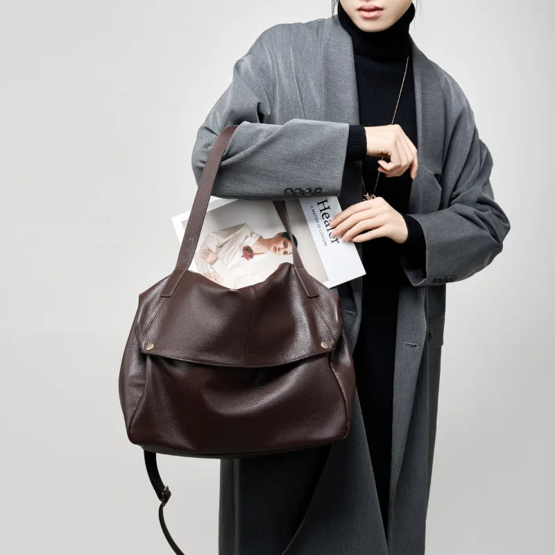 Real leather splicing high-grade women crossbody bag large capacity commuting light waterproof shoulder bag