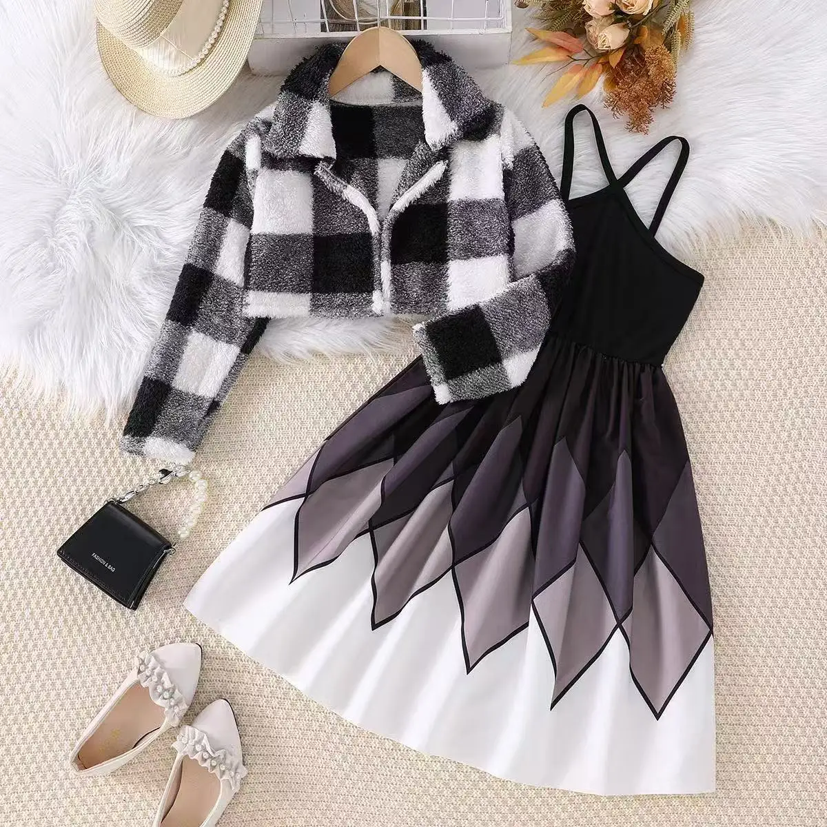 Girls' Two-Piece Set Long-Sleeved Cardigan Top with Sleeveless Slip Dress and Checkered Jacket for Spring And Autumn