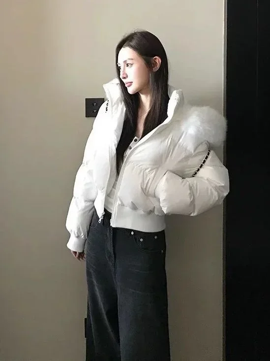Lady Navy Blue Cropped Hooded Puffer Jacket With Faux Fur Collar Zip‑up Loose Short Cotton Padded Coat Winter Warm Outerwear