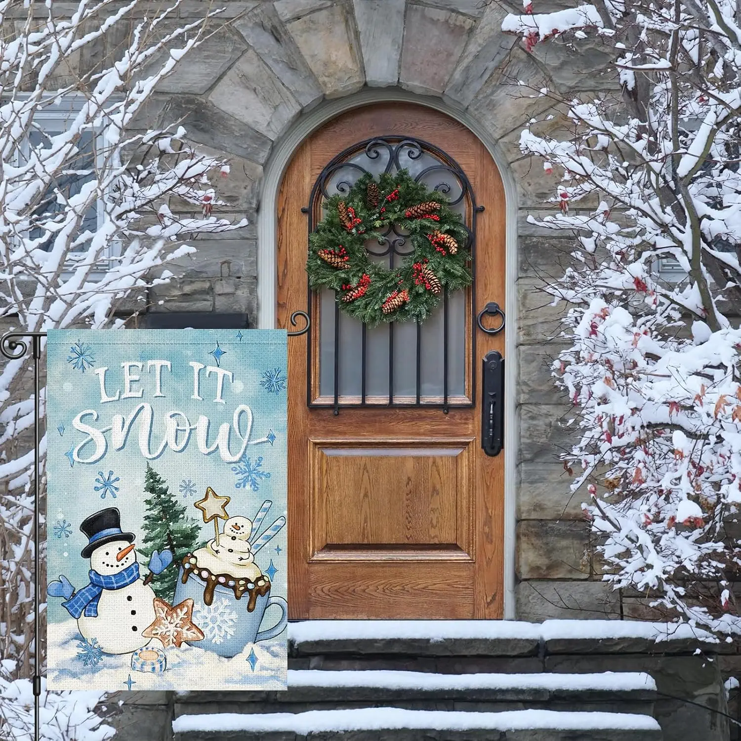 Louise Maelys Let It Snow Garden Flag Winter Snowman Mug Coffee Cup 12x18 Inch Double Sided Snowflake Welcome Christmas Tree PPZ