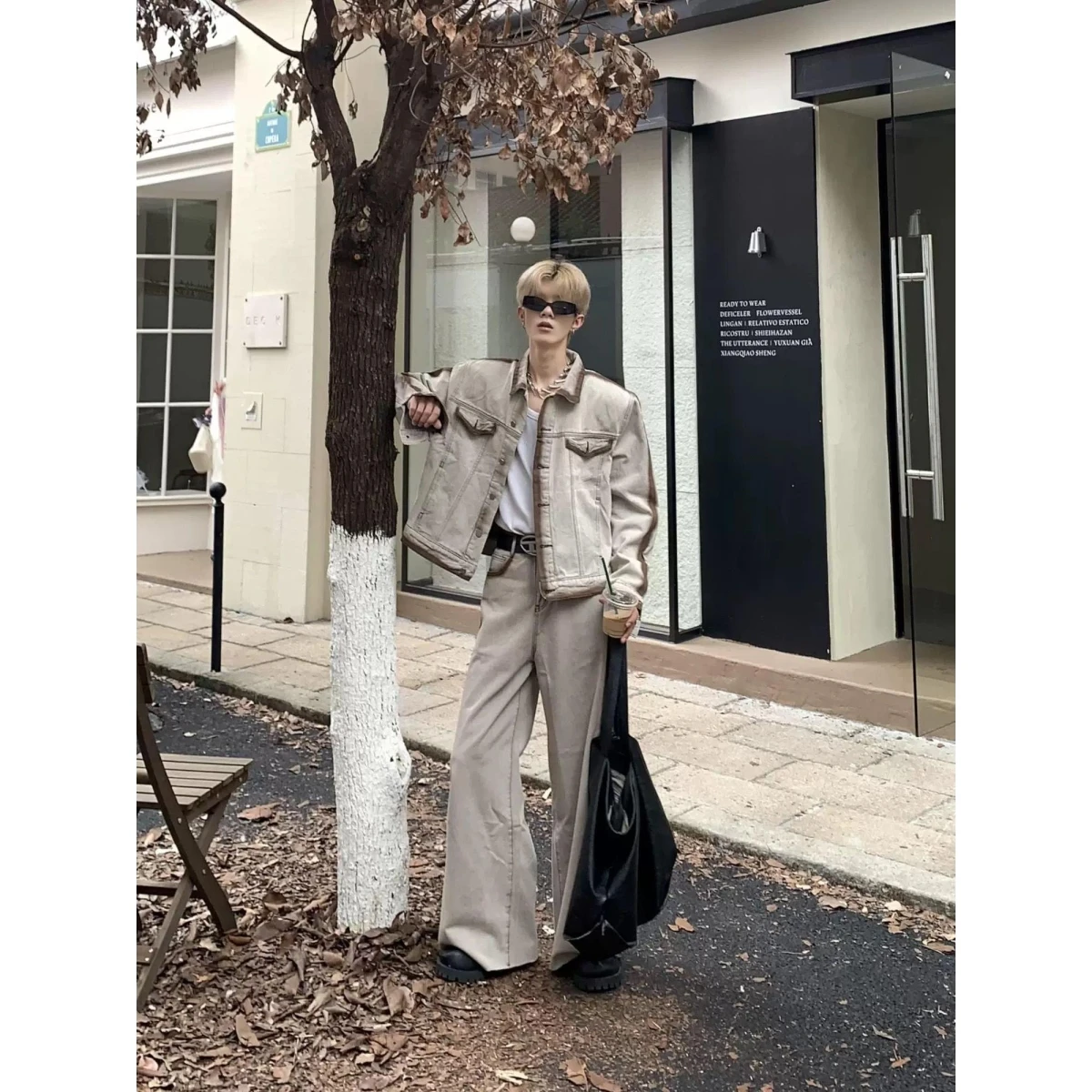 American Sle Autumn Winter Denim Set Coffee Striped Color Blo Faionable Urban Youth Jaet And Pants Outfit Stand Fit