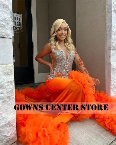 Orange Pärlstav Kristall Tyll Rynkad Släp Balklänningar För Svarta Flickor Hög Slits Sjöjungfru Damklänning Specialanpassad Bröllopsklänning 10 best sales orange balklänningar - №10
