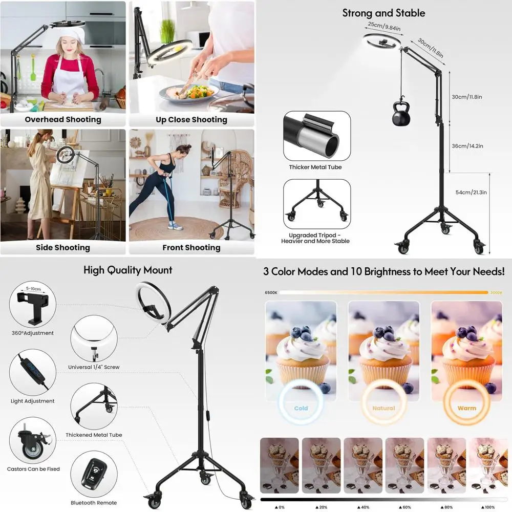 

Portable LED Ring Light Stand with Phone Holder for Video Recording, Live Streaming, and Cooking