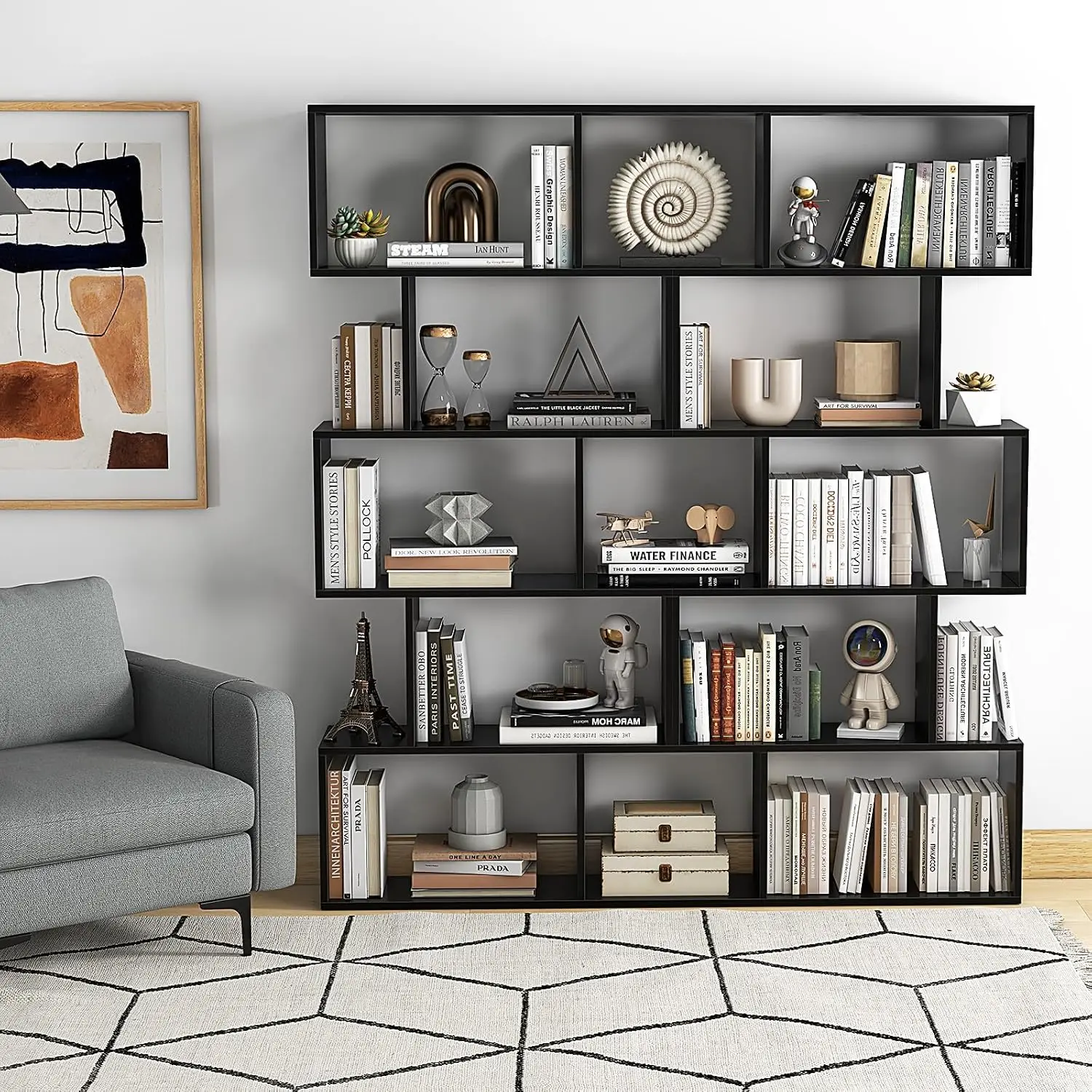 5-Tier S-Shaped Bookshelf Set of 2, Open Display Storage Rack, Freestanding Room Divider with Anti-Toppling Device for Bedroom &