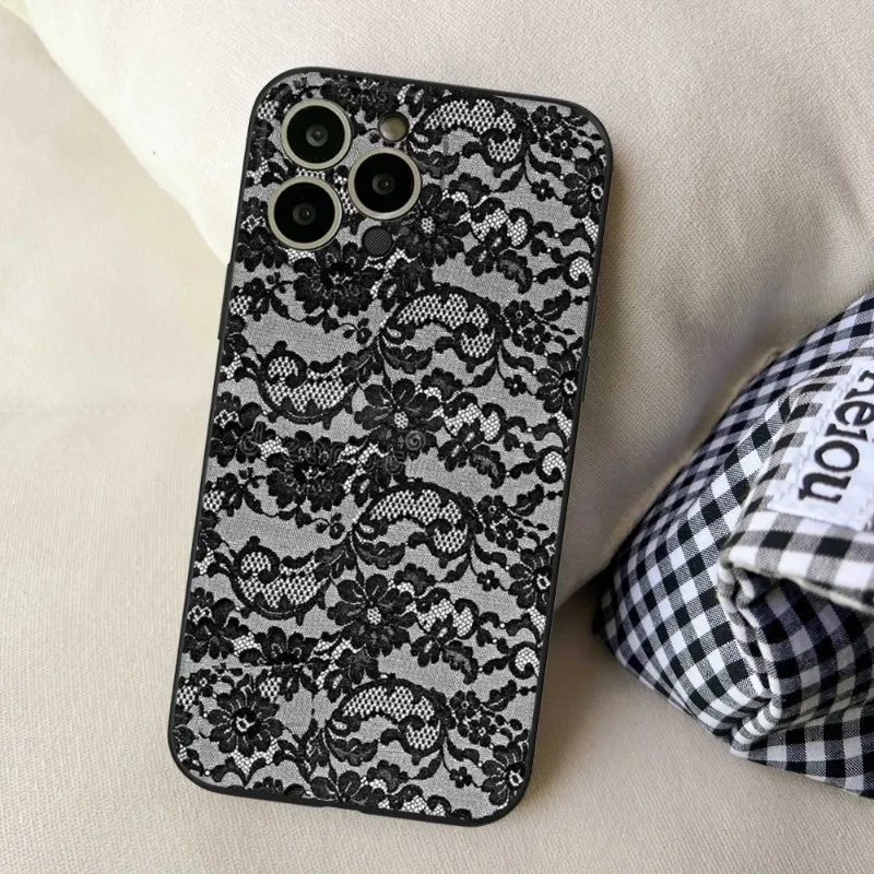 Lace fabric pattern Phone Case FOR IPhone 14 13 11 12 Pro 8 7 Plus X 13 Pro MAX XR XS MINI Black Covers