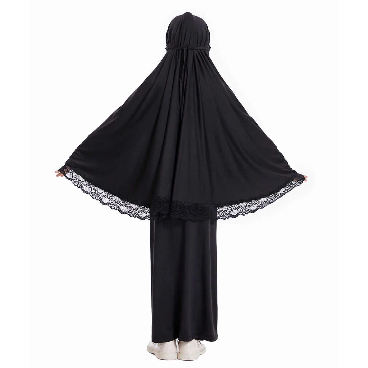 Muslim Girls Hooded Batwing  Sleeves Solid Color Lace Abaya Tube Skirts Suits 2 PCS Arab Big Kids Tops and Dress Set