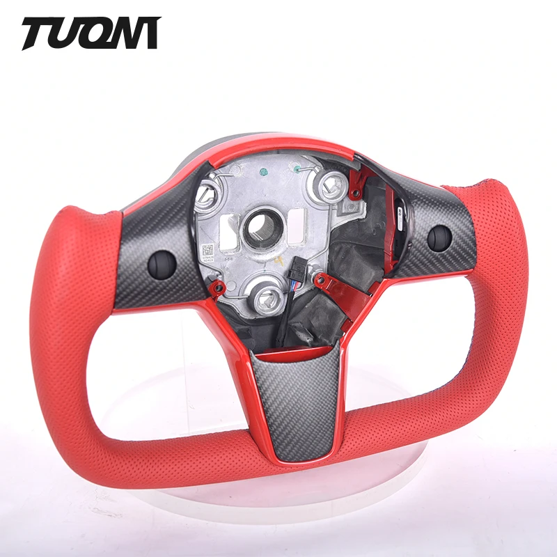 Customization Carbon Fiber Yoke Shape Red Perforated Leather For Tesla Model 3 Model Y Steering Wheel Heating