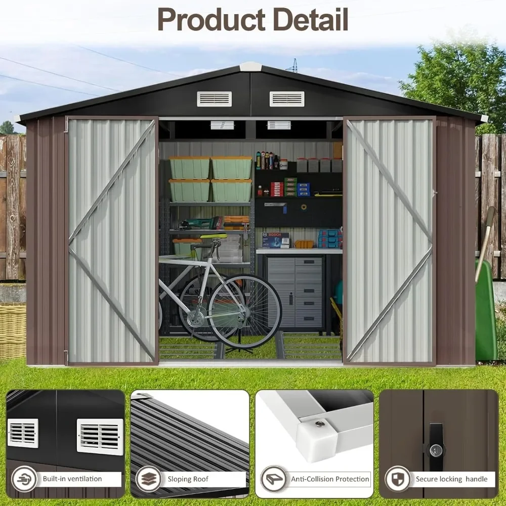 9.4x7.3x6.5 FT Outdoor Storage Shed, Garbage Can, Outdoor Metal Shed for Tool, Garden, Bike, Placed in Patio, Garden Brown Base