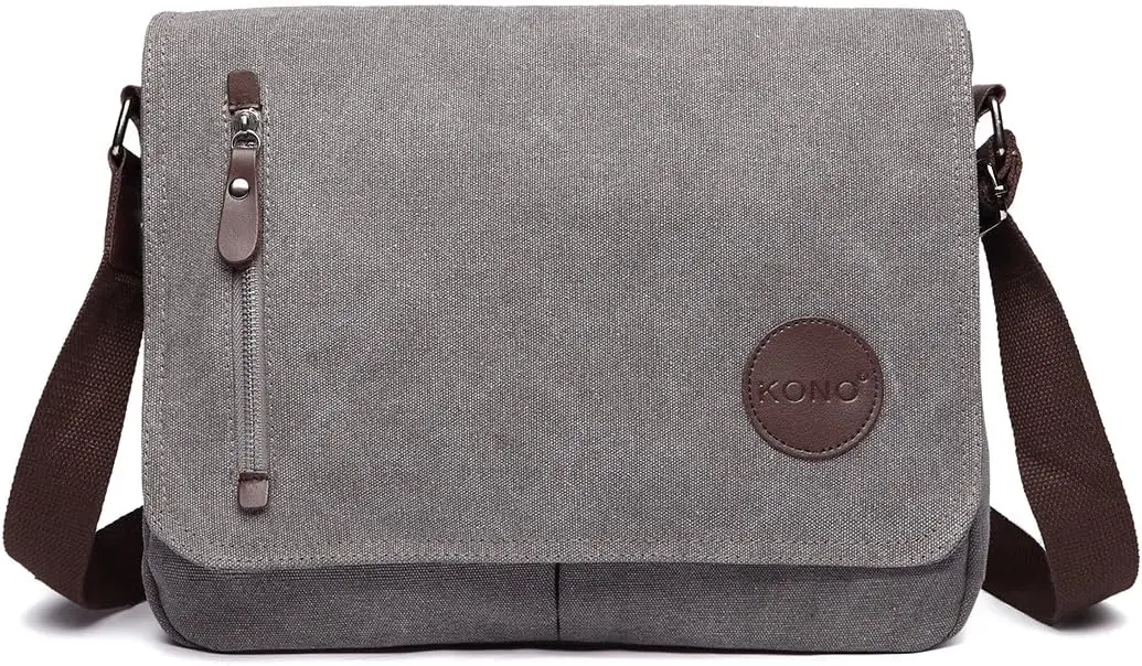 KONO Canvas-Umhängetasche für Herren und Damen, 13,5-Zoll-Messenger-Tasche, leichte Freizeittasche für Schule, Büro, Reisen und Wandern