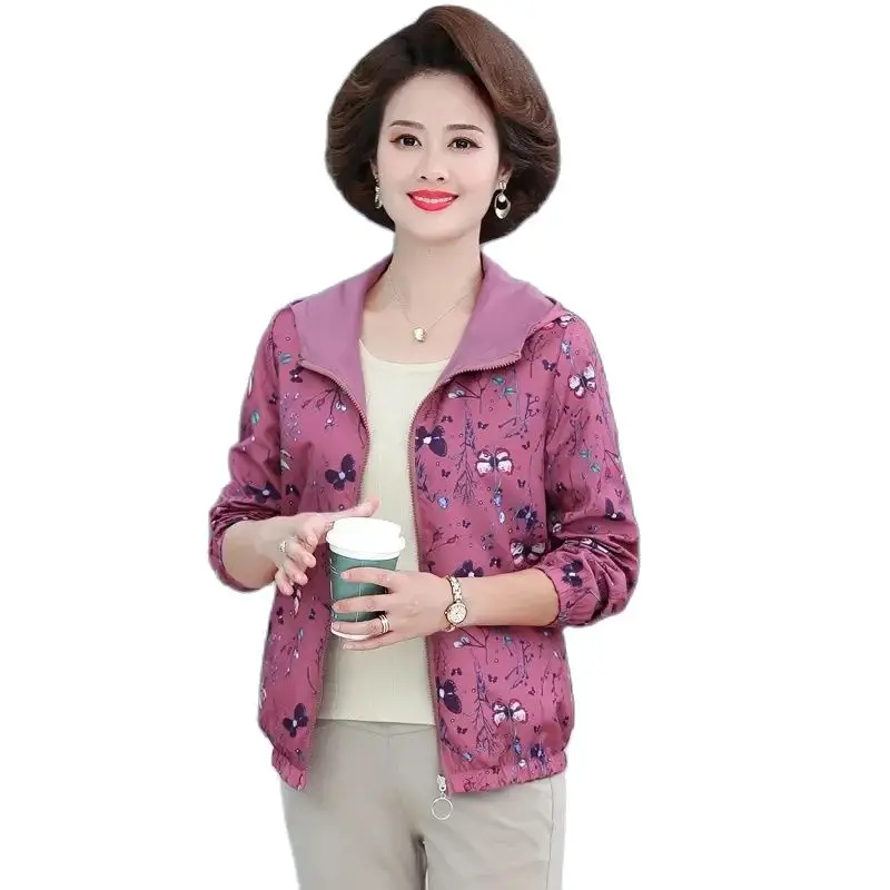 Mother Spring And Autumn Period Overcoat Short New Style Middle-Aged And Elderly Models Hooded Printed Jacket With High Quality