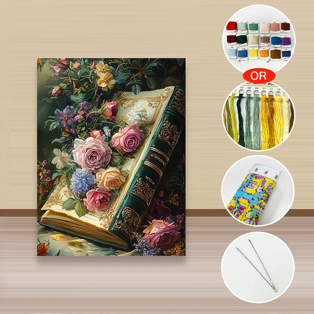 1 Stück 30x40cm/11,8x15,7 Zoll, 11Ct/14Ct Kreuzstich-Set, DIY Valentinstagsgeschenk, Stickerei-Set für Festlichkeiten, Antikes Buch mit Blumenmuster – Detail 2