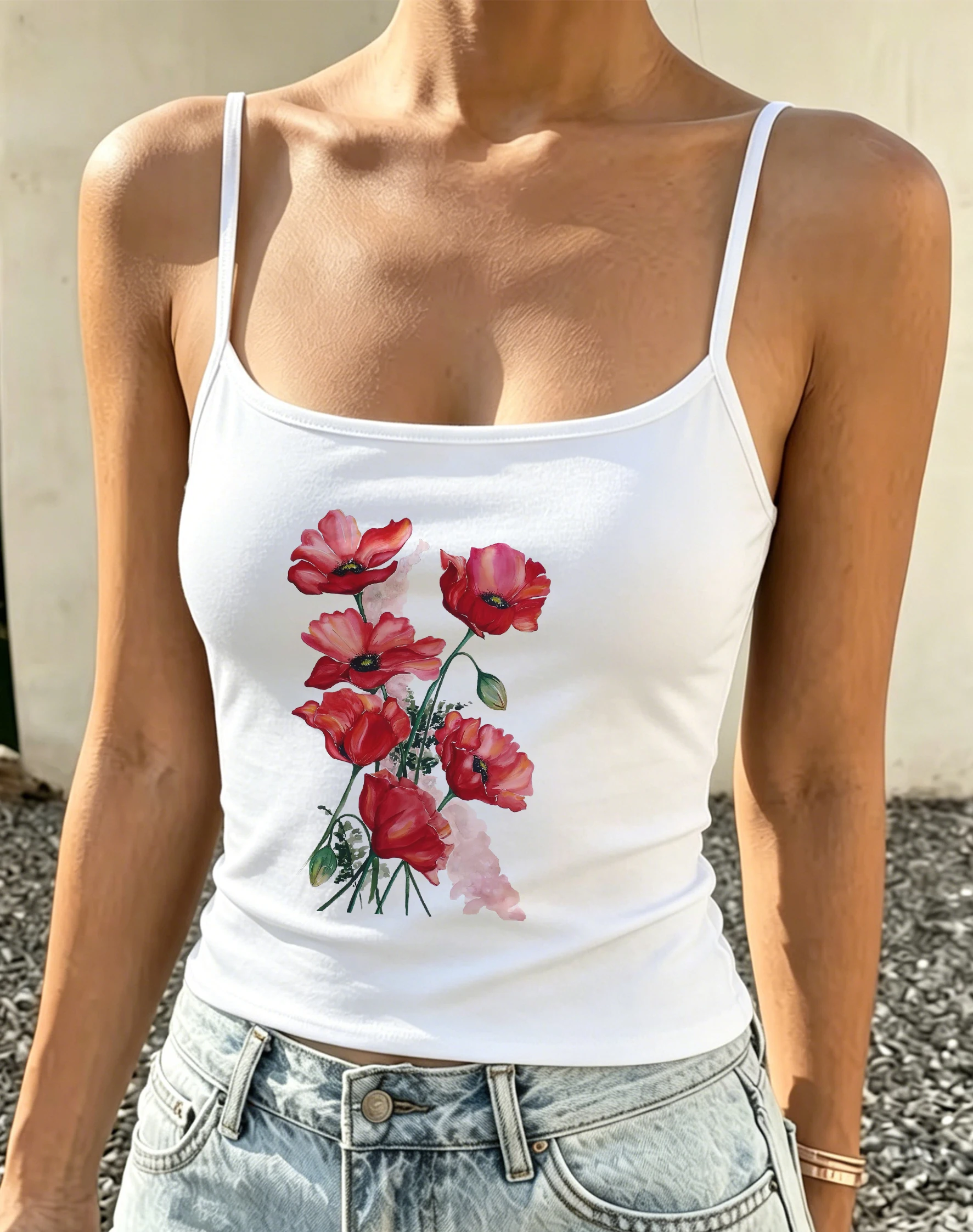 Débardeur Camisole Tendance à Imprimé Floral de Coquelicot, Style Jardin Botanique Vintage, Bretelles Fines Élégantes, Sans Manches, pour Femme, Idéal Été