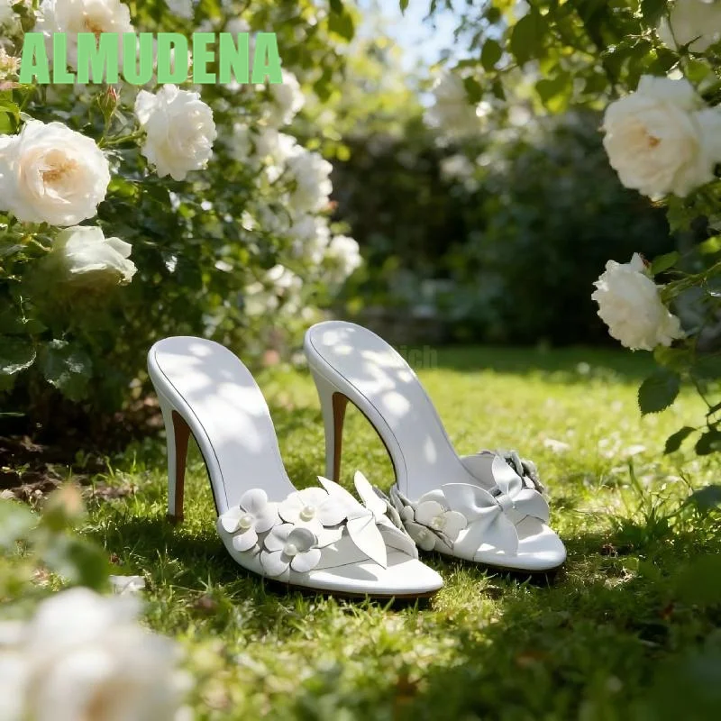 

Fish Mouth Flower Pearl Sandals Fashionable Simple Set Feet Fine High Heels Pointed Bow Decoration Slippers White Wedding Shoes