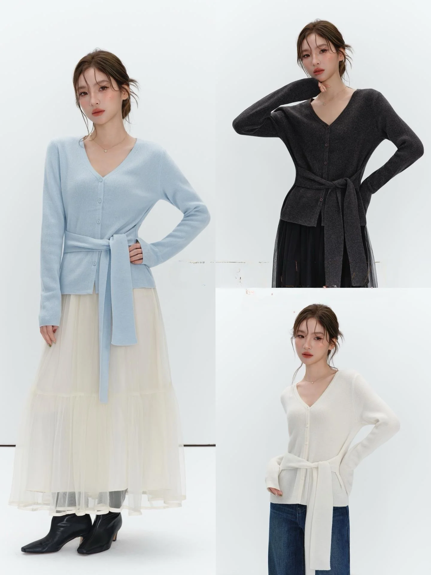 

Autumn Winter Women's Long Sve Woolen Sweater Waist Cinched Belted Single Button CSW Chen Fifteen Harmonious Knitted Top