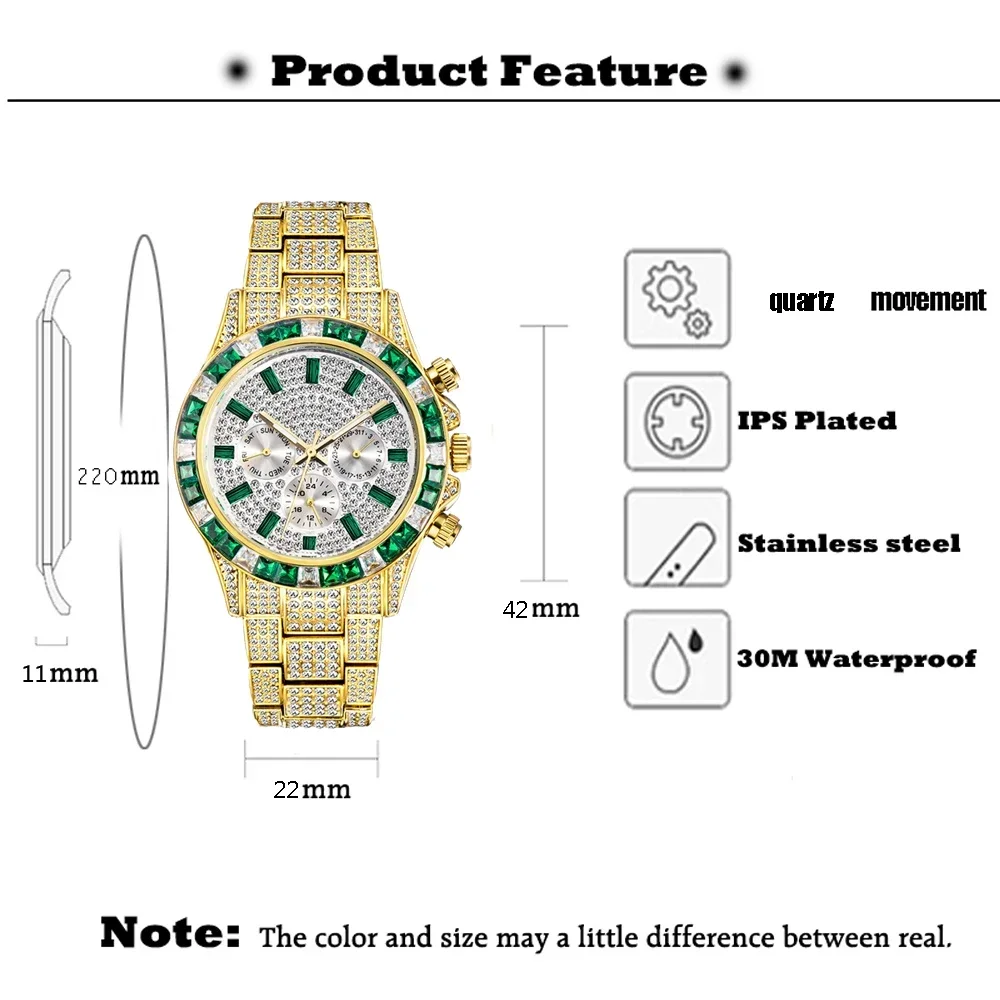 Reloj de pulsera de cuarzo para hombre, cronógrafo chapado en oro de 18K, con diamantes completos, estilo Rap, Hip Hop