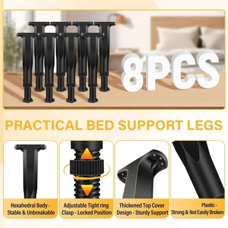 ABYN-For Bed Frame Support Legs(8 PCS) Adjustable Height-For Bed Slats Support Leg 7.8-14.6 Inch With Screws, Furniture Legs For