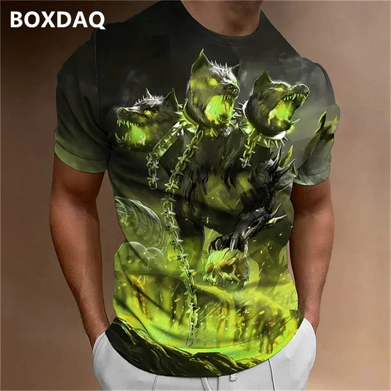 Animal Beast Fierce Wolf 3d T-shirt Short Sleeve Cerberus Graphic Men's Oversized Tops Summer 3D Abstract Printed Man Tees