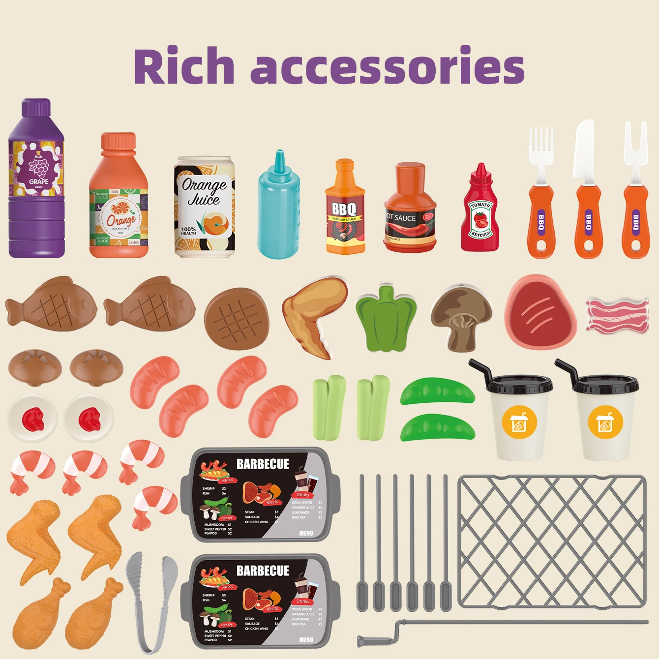 어린이 역할놀이 시뮬레이션 바베큐 그릴 장난감 BBQ 세트, 바베큐 및 꼬치 음식 트롤리