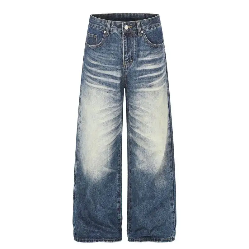 Waist Straight High Jeans For Men Women Vintage Washed Gradient Whisker Loose Floor Length Street Casual Denim Pants WV16