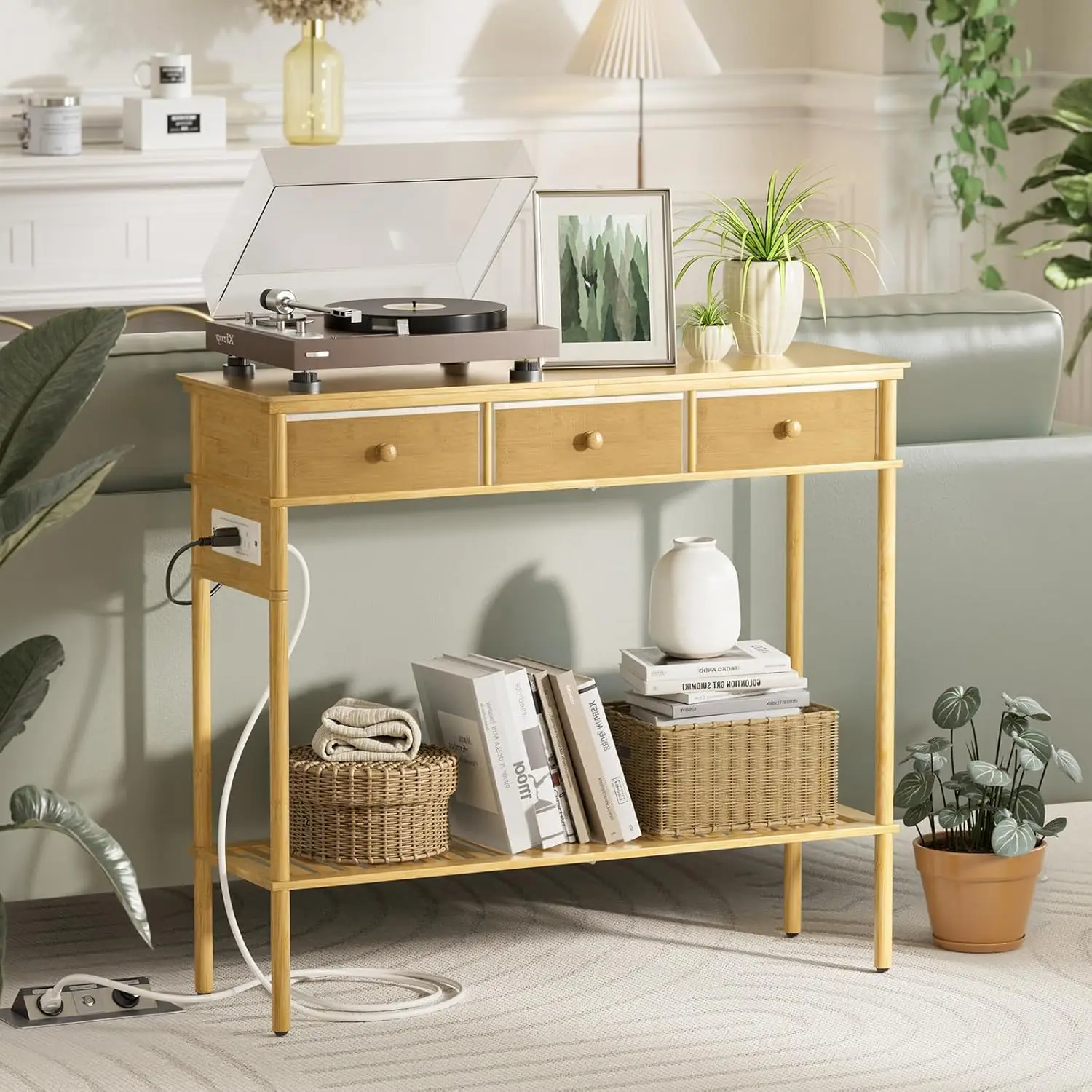 

38" Bamboo Console Table with 3 Fabric Drawers & Power Outlets, Narrow Entryway Table for Living Room, Hallway