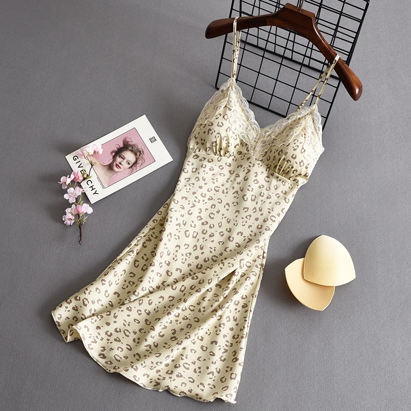 Leopard Print Camisole Nightdress For Women, Summer And Autumn Thin Sexy Silk Short Dress With Chest Pads, Lace Ice Pajamas view 6