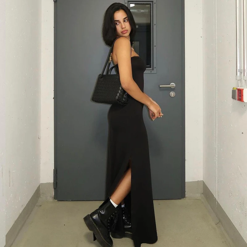 Black Strapless Long Sleeve Sexy Bodycon Maxi Prom Dress 2024 Fall Winter Elegant Women Outfit Evening Party Festival