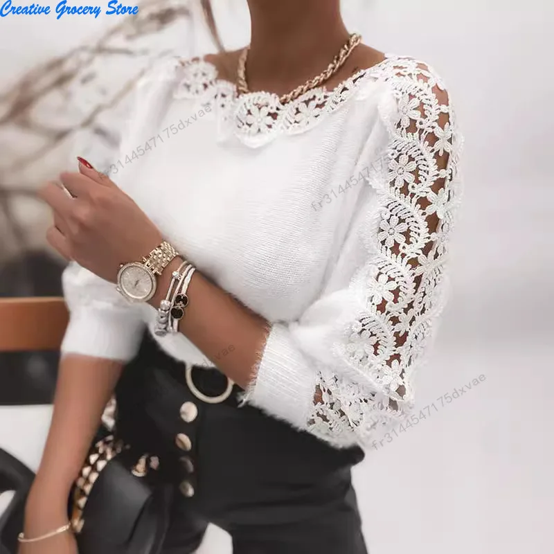 

Sweter Damski Ropa Dama с круглым вырезом и кружевом, однотонный, осенне-зимний, вязаный универсальный топ, свитера, женский пуловер Damen