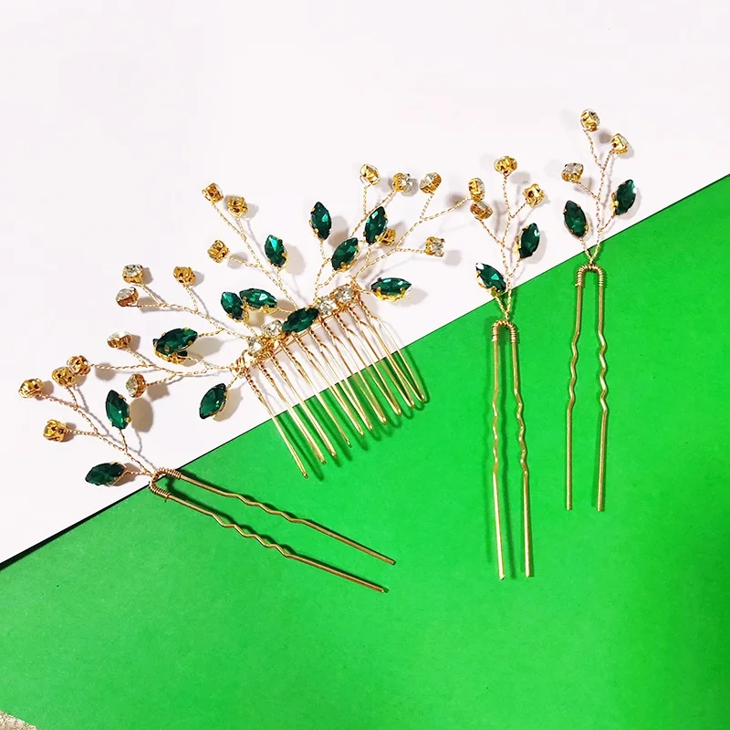 

Green Rhinestone Hair Comb Bride Hair Accessories for Women Crystal Handmade Wedding Head Jewelry Party Bridesmaid Girls Gifts