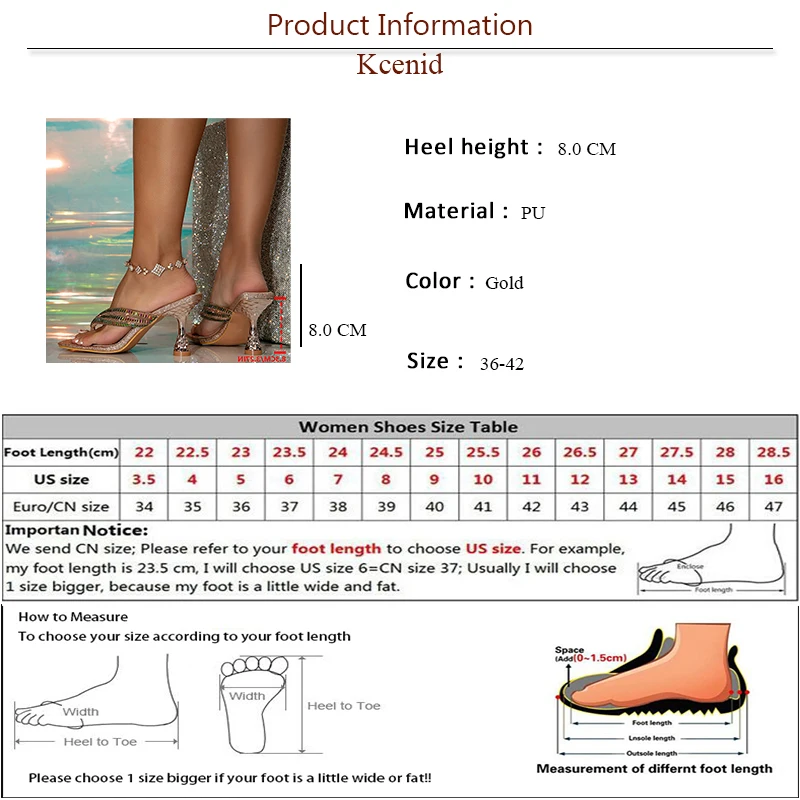 Kcenid Women Sandals Square Toe High Heels Outdoor Dress Slippers Summer Shoes Crystal Rhinestones Flip Flops Mules Woman