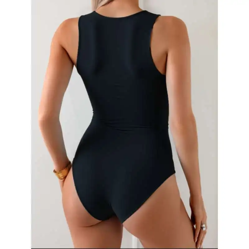 Black One Piece Swimsuit Women Sexy Front Zip Slimming Conservative Swimwear Vacation Bikini