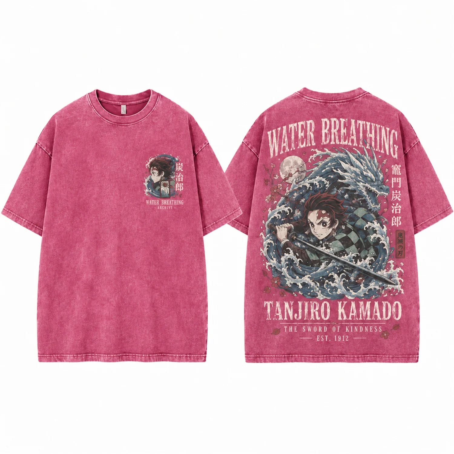 Heavyweight Cotton Washed Anime Graphic T Shirt Vintage Water Wave Warrior Print Short Sleeve Top Unisex Streetwear Casual Appar