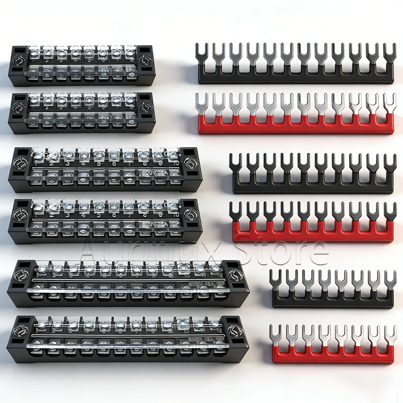 15A Terminal Block 8/10/12 Position Screw Terminal Strip Dual Row with Cover & 12 Position Pre-Insulated Terminal Jumper Block